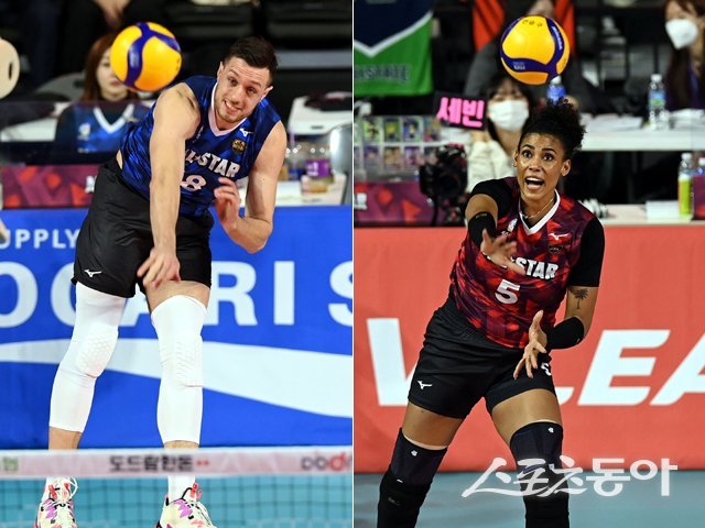 27일 인천 삼산월드체육관에서 ‘2023-2024 도드람 V리그 올스타전‘ 경기가 열렸다. 스파이크 서브킹 콘테스트 우승을 차지한 마테이(왼쪽), 실바가 서브를 날리고 있다. 인천 | 김민성 기자 marineboy@donga.com