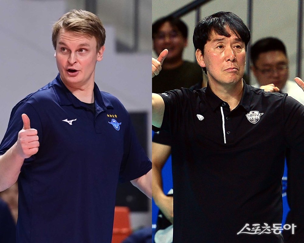 대한항공 틸리카이넨 감독(왼쪽), 우리카드 신영철 감독. 스포츠동아DB