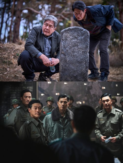 흥행은 개봉 시기도, 소재도, 그렇다고 캐스팅도 아닌 ‘이야기의 힘’에 달려있던 게 아니었을까. 대흥행을 담보하는 소재라곤 볼 수
 없던 2편의 영화가 연말·연초 극장가를 뜨겁게 달구고 있다. 대한민국 공포 영화 흥행사를 다시 쓰고 있는 영화 ‘파묘’(위)와 
현대사를 배경으로 한 1000만 영화 ‘서울의 봄’. 사진제공｜쇼박스·플러스엠 엔터테인먼트