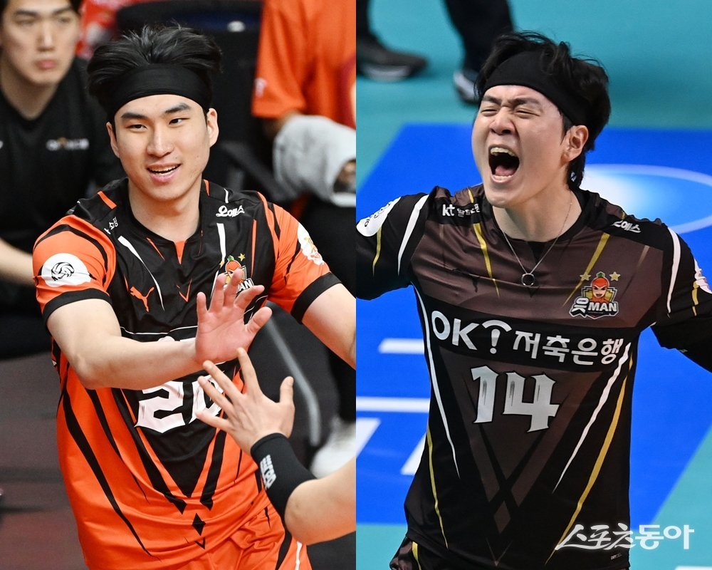 3년 만에 ‘봄배구’ 진출을 확정한 OK금융그룹이 더 높은 곳을 바라보려면 주포 레오에게만 의존해선 안 된다. 최근 쾌조의 컨디션을 보인 신호진(왼쪽)과 송희채가 부담을 나눌 필요가 있다. 스포츠동아DB·KOVO