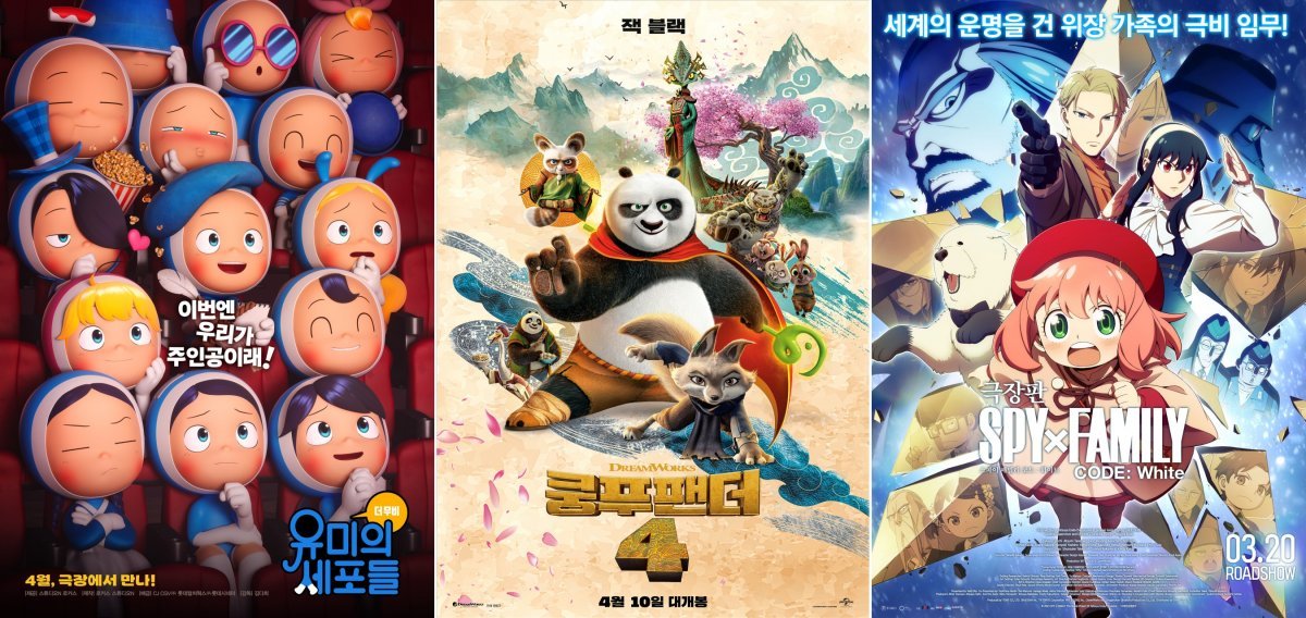 영화 ‘유미의 세포들 더 무비’, ‘쿵푸팬더4’, ‘극장판 스파이 패밀리 코드: 화이트’(왼쪽부터)가 다음 달까지 연달아 개봉하면서 극장가에 한·미·일 애니메이션 3파전이 성사됐다. 사진제공|CJ CGV·유니버설픽쳐스·NEW