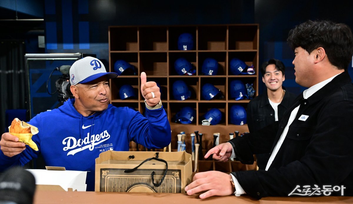 데이브 로버츠 감독(왼쪽)·류현진. 스포츠동아DB