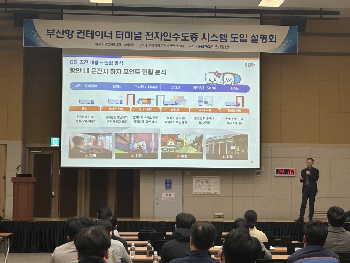 부산항만공사가 부산항국제여객터미널에서 부산항 이용 고객을 대상으로 ‘부산항 컨테이너 터미널 전자인수도증(e-slip) 도입 설명회’를 개최한 모습. 사진제공ㅣ부산항만공사