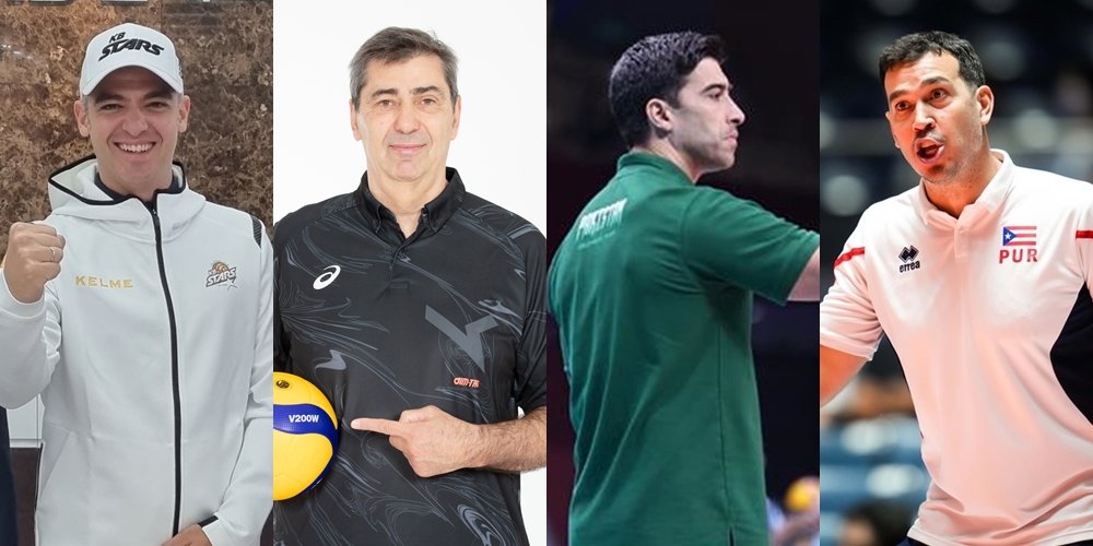 KB손해보험 미겔 리베라 감독, 현대캐피탈 필립 블랑 감독, 이사나예 라미레스 감독, 페르난도 모랄레스 감독(왼쪽부터). 사진제공｜KB손해보험 스타즈, 현대캐피탈 스카이워커스, 아시아배구연맹, 국제배구연맹