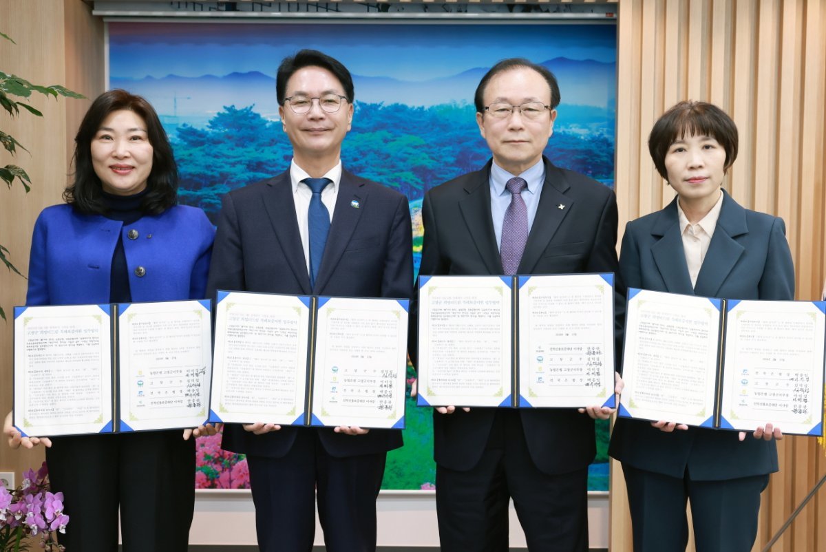 고창군이 27일 전북신용보증재단, NH농협은행 고창군지부, 전북은행과 소상공인 융자지원을 위한 업무협약(MOU)을 체결했다. 사진제공 | 고창군