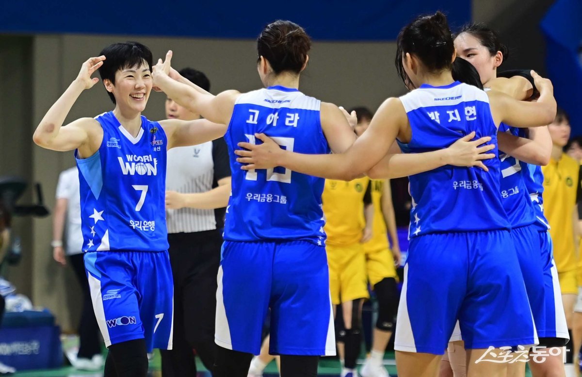 28일 충남 아산이순신체육관에서 열린 ‘우리은행 우리WON 2023-2024 여자프로농구’ 챔피언 결정전 3차전 아산 우리은행과
청주 KB의 경기에서 62-57로 승리한 우리은행 박혜진이 동료들과 기쁨을 나누고 있다. 아산 | 주현희 기자
teth1147@donga.com