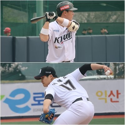 조대현(위)과 이채호가 KT 퓨처스 홈 개막식이 펼쳐진 6일 익산야구국가대표훈련장에서 KIA와 퓨처스리그 홈경기 야수, 투수 MVP에 선정됐다. 사진제공 | KT 위즈