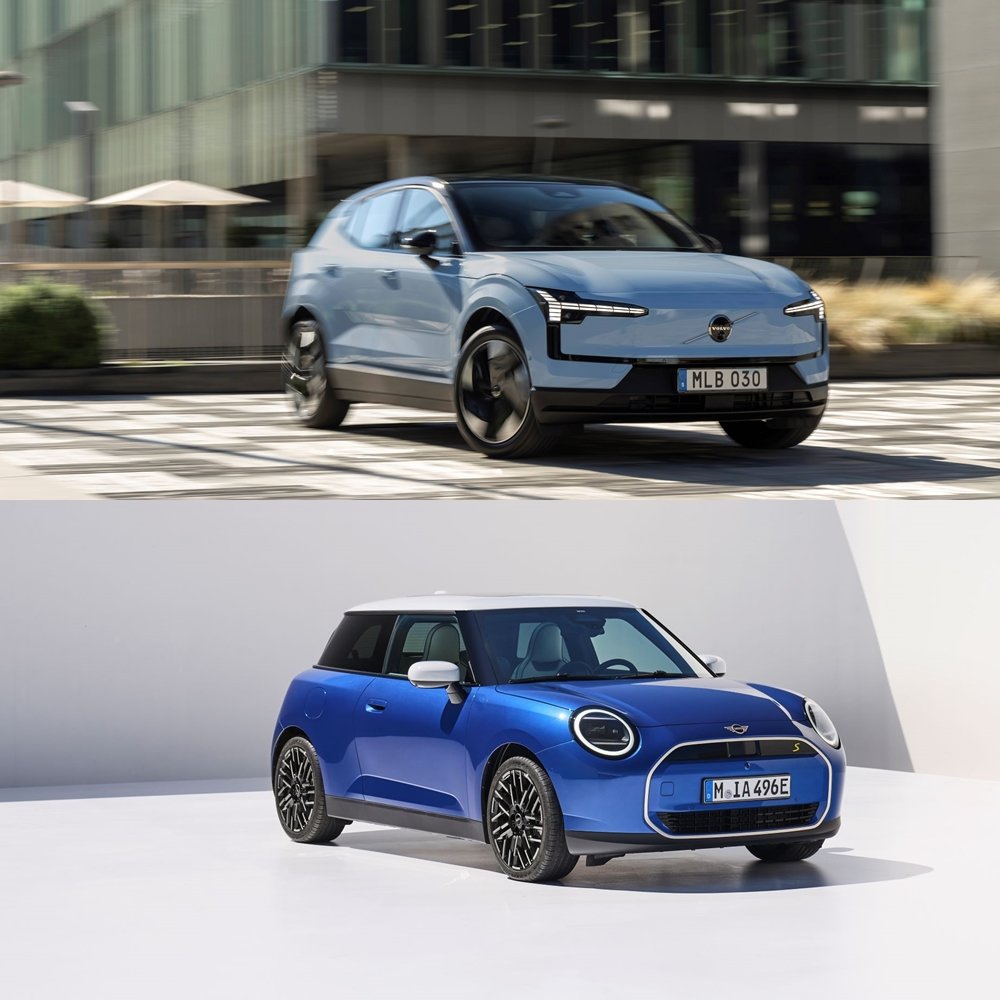 하반기 출시를 앞둔 볼보 EX30(위쪽), 뉴 올-일렉트릭 MINI 쿠퍼 등은 긴 주행거리, 첨단 편의 사양, 뛰어난 가성비를 앞세워 전기차 대중화를 이끌 것으로 기대되고 있다. 사진제공｜볼보, 미니