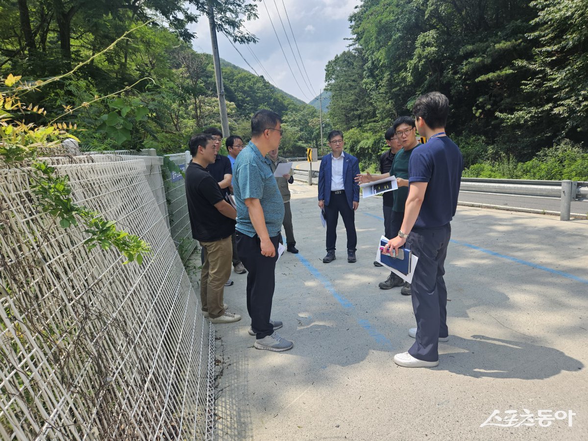 경주시와 유관기관 관계자들이 땅밀림 현장에서 대책논의를 하고 있다./사진=경주시