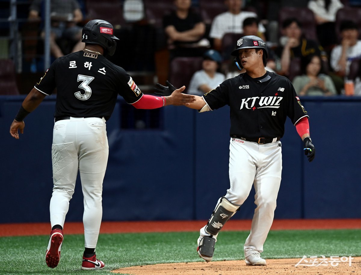 17일 서울 고척스카이돔에서 ‘2024 신한 SOL 뱅크 KBO리그’ 키움 히어로즈와 KT 위즈의 경기가 열렸다. 6회초 2사 1루에서 KT 강백호가 투런 홈런을 쏘아 올린 후 동료와 기쁨을 나누고 있다.
고척 | 김민성 기자 marineboy@donga.com