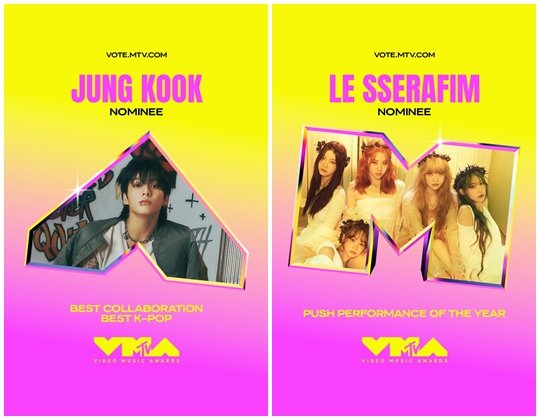 9월 열리는 MTV VMA가 주요 시상 부문 후보 명단을 공개했다. 2개 부문에 노미네이트된 정국(왼쪽)과 VMA 시그니처 ‘올해의 푸시 퍼포먼스’ 후보에 오른 그룹 르세라핌 사진제공|MTV VMA