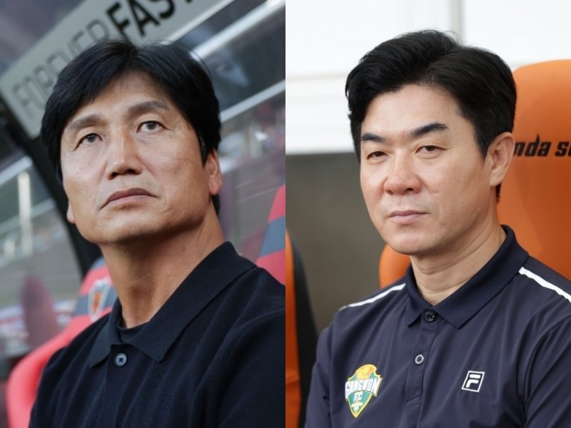 김천 정정용 감독(왼쪽)과 강원 윤정환 감독. 9일 오후 7시30분 김천종합운동장에서 벌어질 두 팀의 맞대결은 선두권 판도에 큰 영향을 미칠 전망이다. 사진제공｜한국프로축구연맹