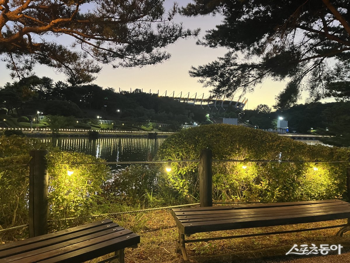 야간 경관조명이 설치된 울산체육공원 호반산책로. (사진제공=울산시설공단)