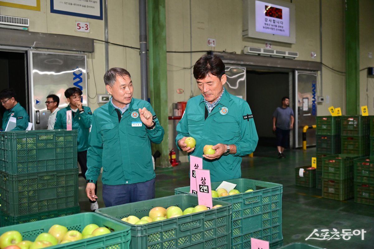 윤경희 청송군수(오른쪽)가 청송사과 경매장을 둘러보고 있다./사진=청송군