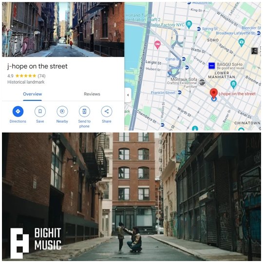 미국 뉴욕 평범한 거리를 ‘역사적 명소’로 만들어버린 방탄소년단 제이홉. 사진제공|구글 캡처·빅히트뮤직