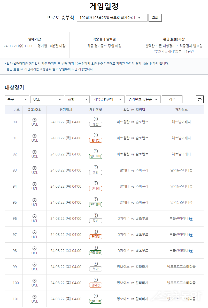 프로토 승부식 102회차 UEFA 챔피언스리그 대상경기