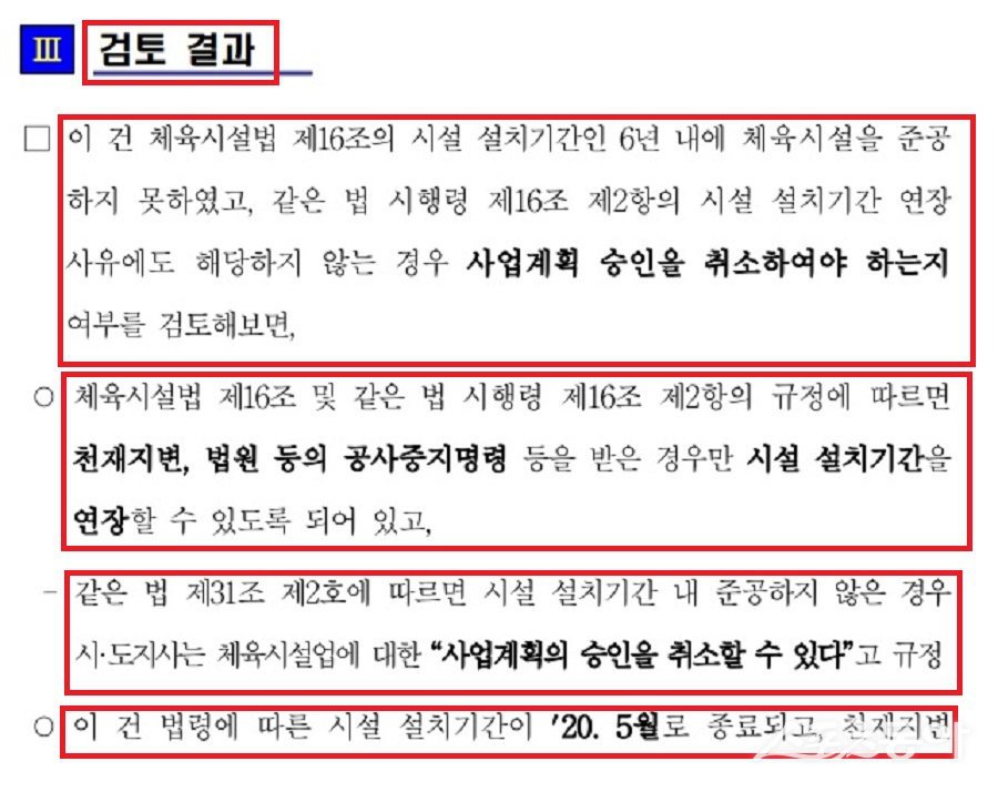 2020년 3월 3일 체육시설 설치기간 경과 체육시설의 사업계획 승인 취소 관련 감사원 사전컨설팅 의견서 자료. 사진제공｜감사원