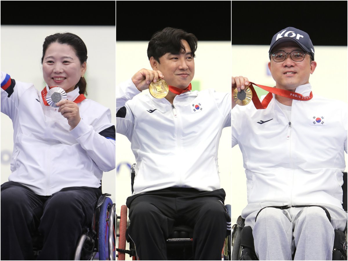 한국사격이 2024파리패럴림픽까지 접수하고 있다. 한국 선수단에 첫 메달을 안긴 이윤리와 첫 금메달을 딴 조정두, 공기소총 세계 챔피언 박진호(왼쪽부터). 사진제공｜대한장애인체육회