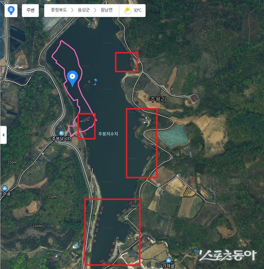 음성군 원남면 주봉리 391번지 일대 불법 낚시터 모습. 사진제공｜다음 지도
