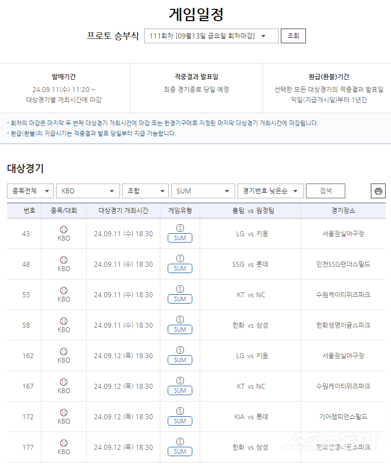 프로토 승부식 111회차 KBO리그 대상 ‘SUM’ 유형 게임 정보