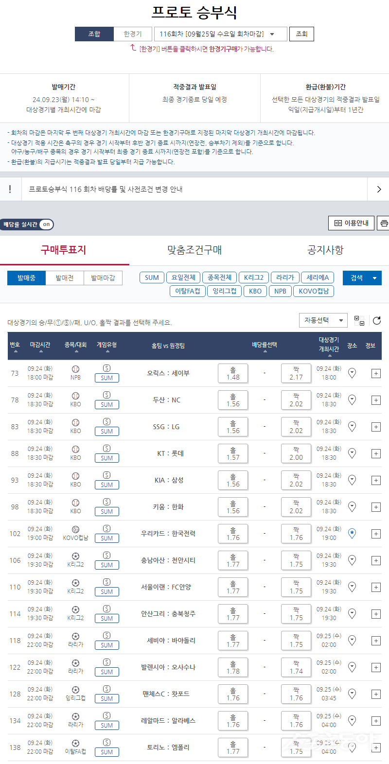 프로토 승부식 116회차 SUM 유형 대상경기