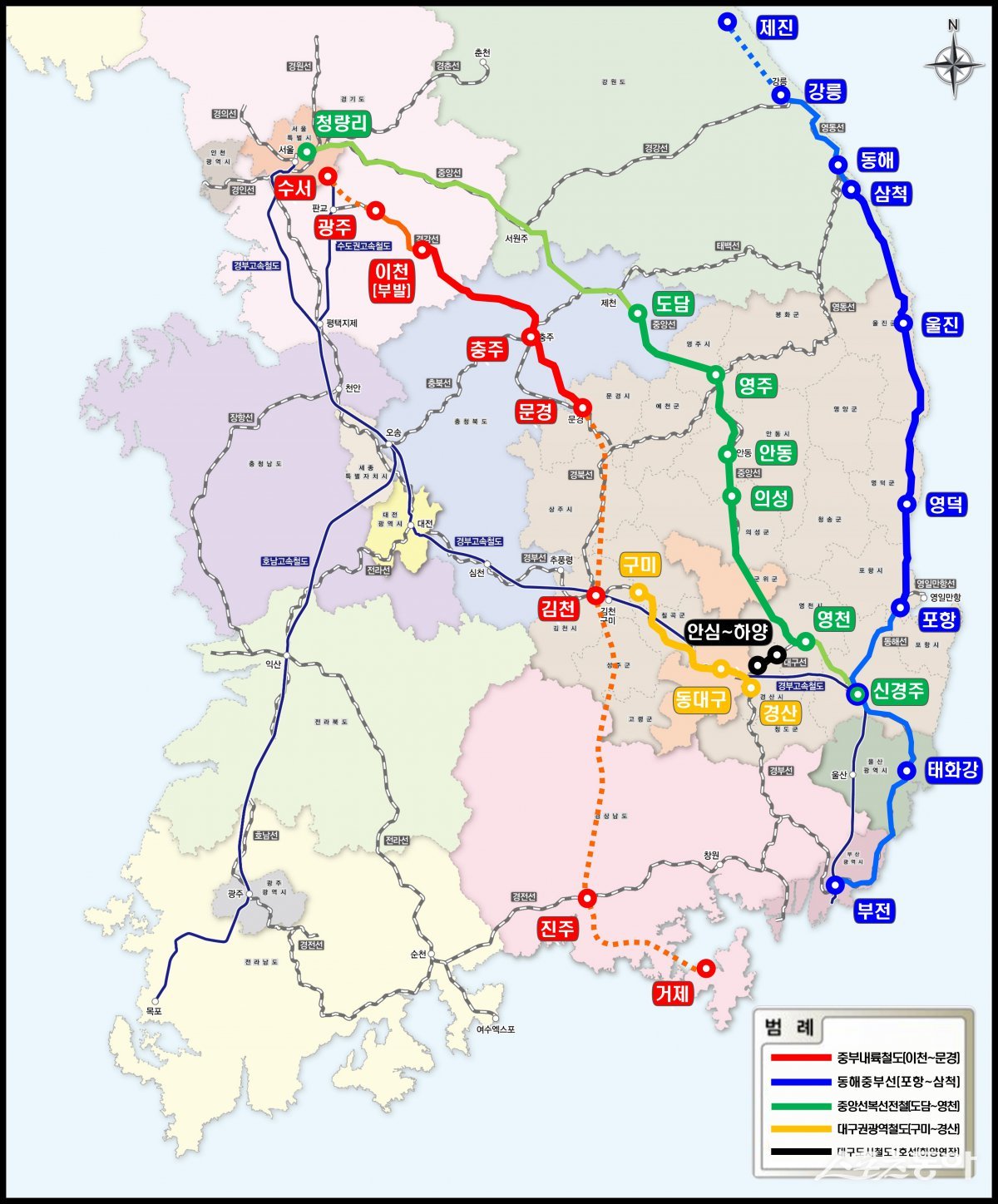 5개 노선 철도 동시 개통 개통대비노선도 사진=경북도