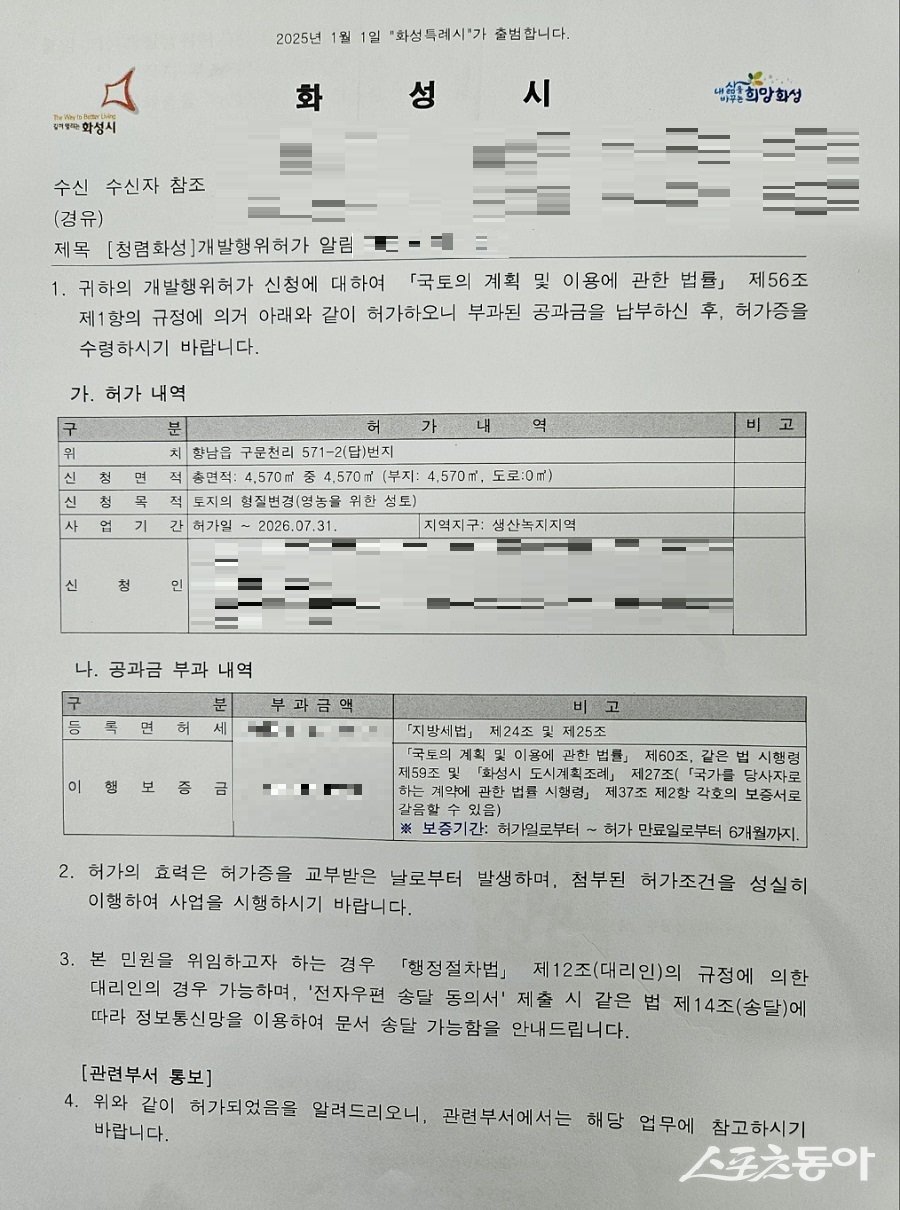 28일, 향남읍 구문천리(571-2번지) 농지 형질 변경 허가서. 사진｜장관섭 기자