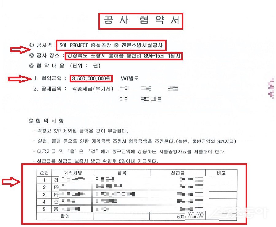 경상북도 포항시 흥해읍 용한리 894-15, 889-4번지 신축공장 불법 하도급 계약서. 사진제공|제보자