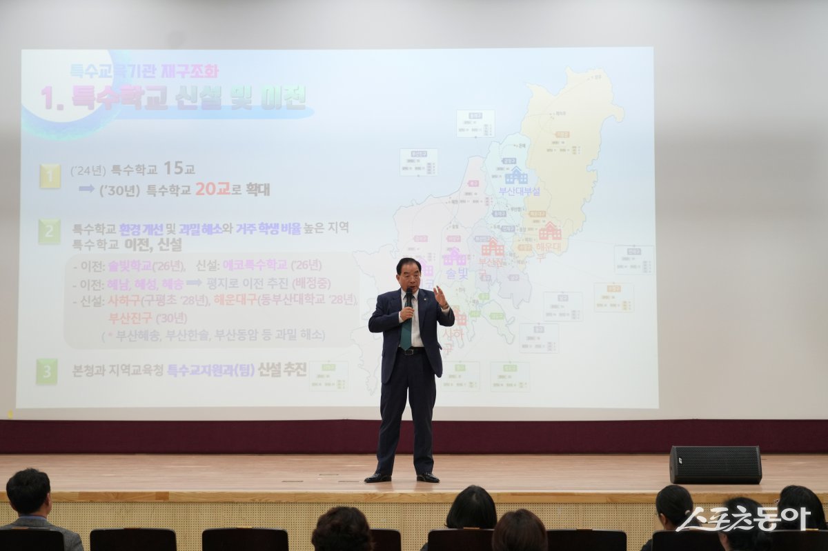 하윤수 부산시교육감이 지난 7일 부산시교육청 교육연구정보원 대강당에서 ‘교육발전특구와 연계한 특수교육기관 재구조화 추진 방안’을 주제로 특강을 진행하고 있다. (사진제공=부산시교육청)