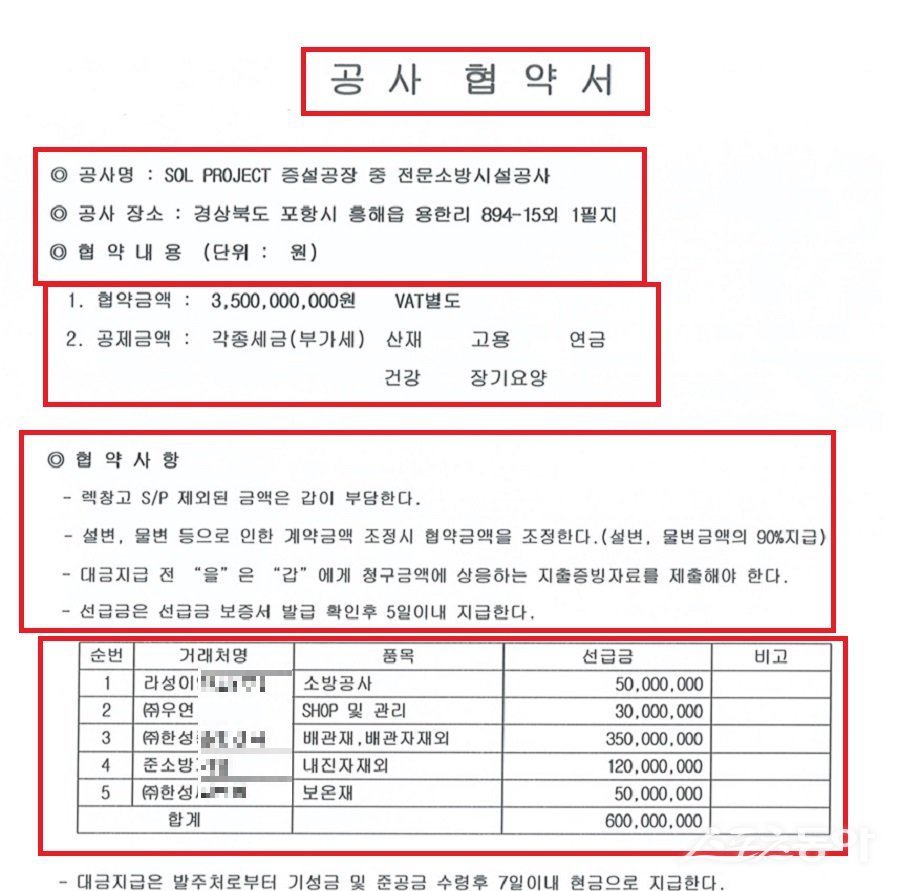 포항시 흥해읍 용한리 894-15, 889-4번지에 위치한 신축 공장 소방계약서. 사진｜장관섭 기자