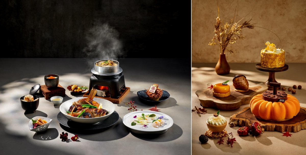 인천 영종도 파라다이스시티 ‘라쿠’의 ‘어텀 셰프 스페셜’ 세트(왼쪽)과 부산 해운대 파라다이스 호텔 부산 ‘파라다이스 부티크’의 가을 디저트 사진제공|파라다이스 호텔앤리조트