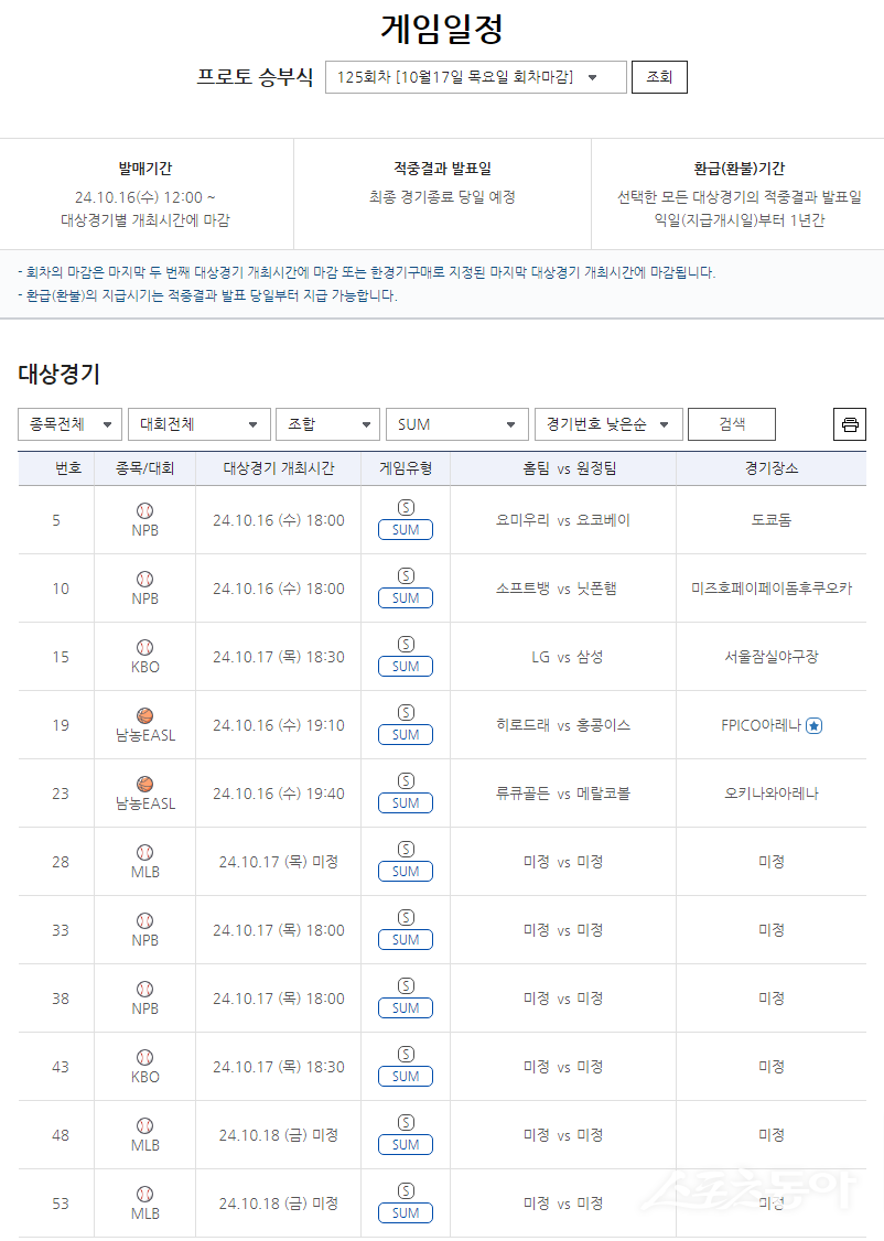 스포츠토토 프로토승부식 125회차 SUM 유형 대상경기