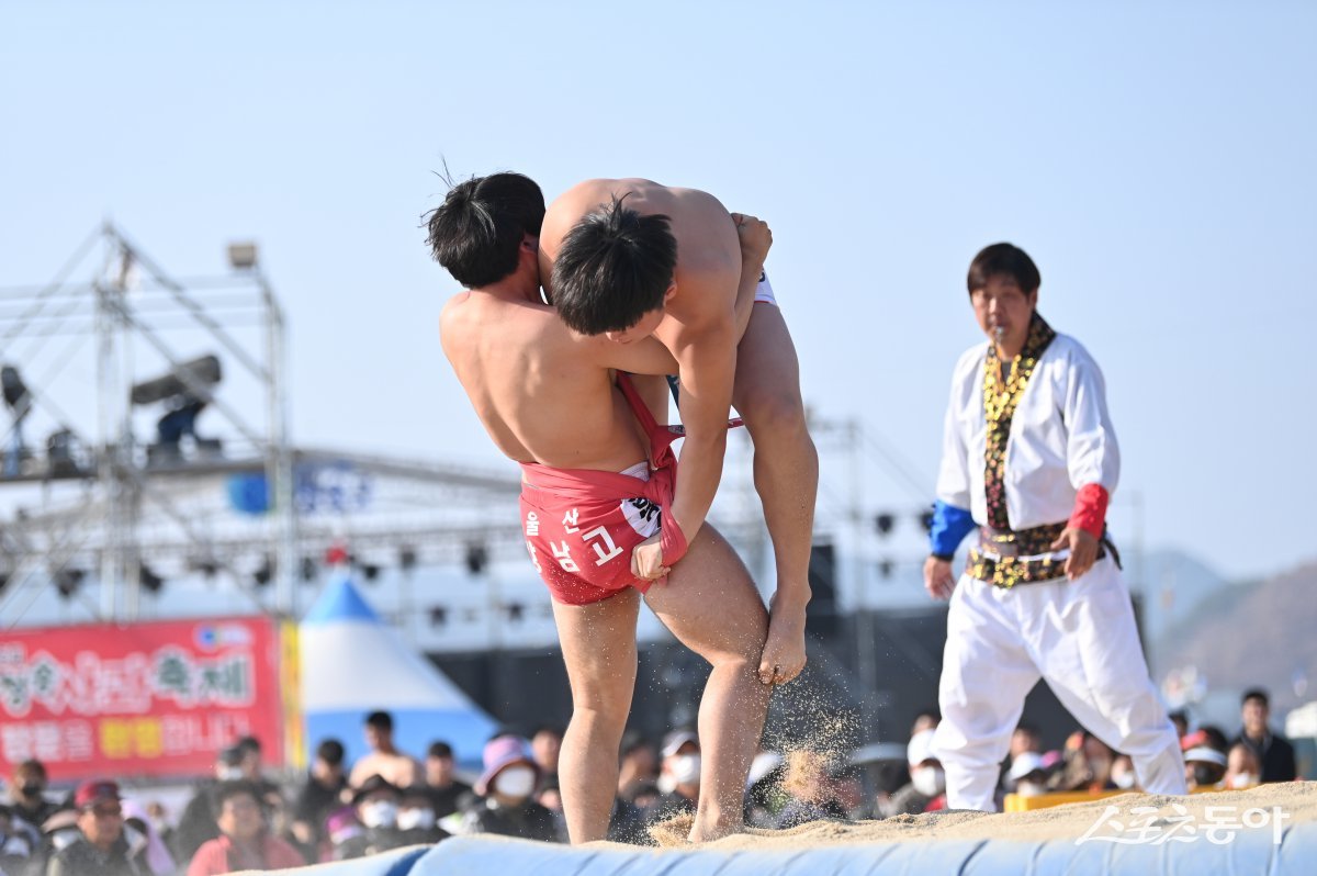 청송사과축제장에서 매년 벌어지는 전국고교씨름대회 경기 모습./사진=청송군