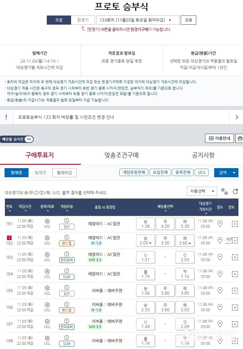 프로토 승부식 133회차 챔피언스리그 대상 경기 및 배당률