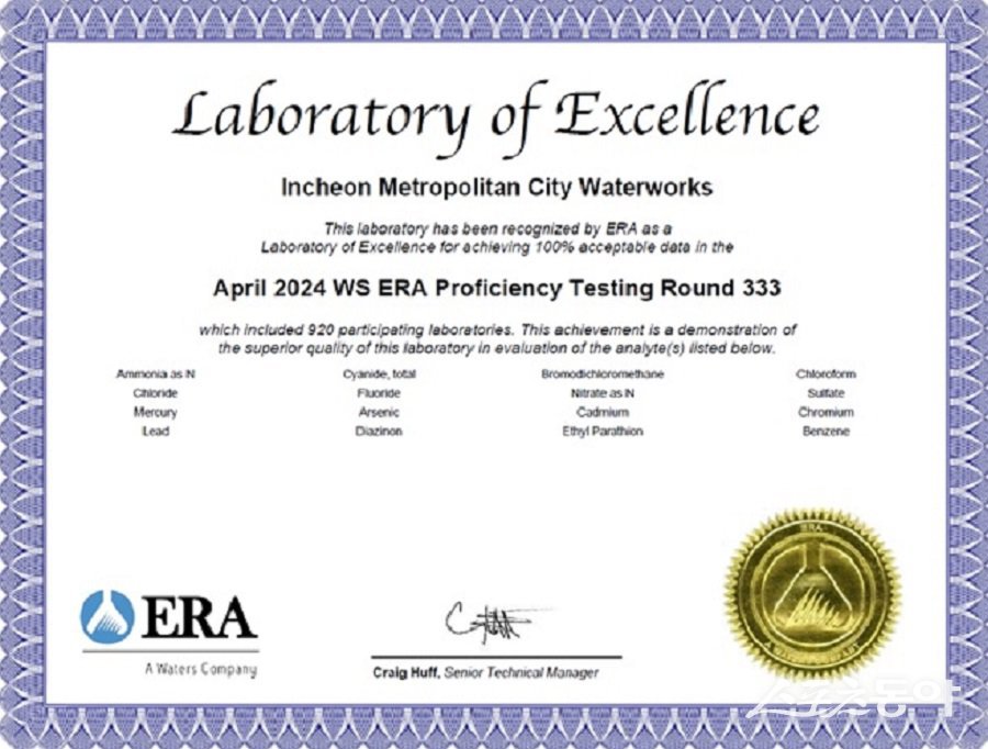인천광역시 상수도사업본부가 미국 환경자원협회(ERA)에서 실시한 2024년 국제숙련도 평가에서 무려 8년 연속 최우수 분석기관으로 선정되는 쾌거를 달성했다. 사진제공｜인천시청