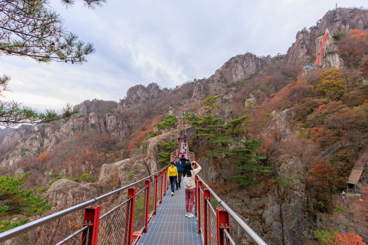 완주 대둔산의 대표 명물이  금강구름다리. 이곳 아래로 펼쳐지는 전경과 머리 위에 병풍처럼 늘어선 봉우리의 모습 모두 일품이다           사진제공｜지엔씨이십일