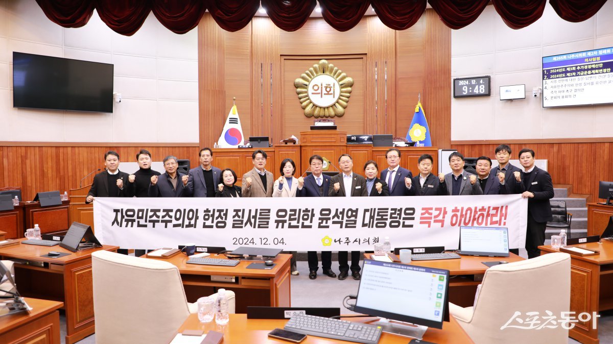 나주시의회가 4일 제265회 나주시의회(제2차 정례회) 제3차 본회의를 열고 자유민주주의와 헌정 질서를 유린한 윤석열 대통령 즉각 하야 촉구 결의안을 채택했다. 사진제공=나주시의회