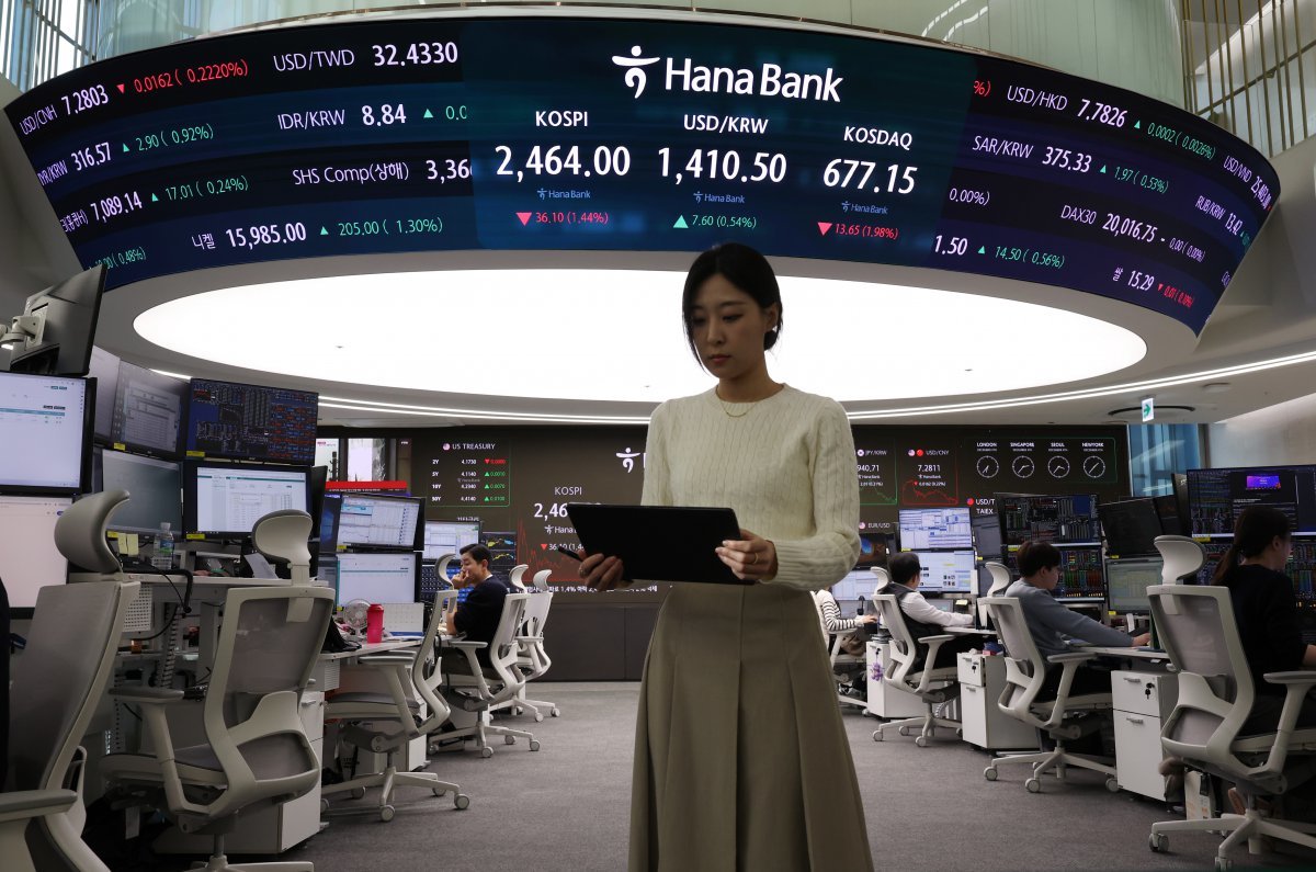 비상계엄 선포·해제 사태로, 금융·외환시장이 요동치는 등 한국 경제 전반에 불확실성이 가중되고 있다. 전일 대비 하락한 코스피와 상승한 원·달러 환율이 표시된 4일 오후 하나은행 딜링룸 모습. 뉴시스