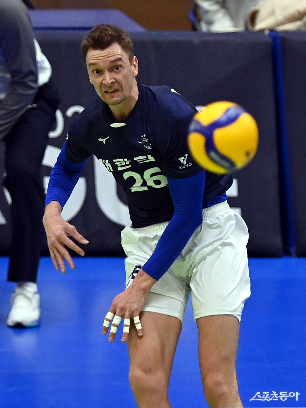 대한항공 막심이 8일 수원체육관에서 벌어진 한국전력과 원정경기 도중 서브를 시도하고 있다. 막심의 19점 활약에 힘입어 대한항공이 세트스코어 3-0으로 이겼다. 수원｜김민성 기자 marineboy@donga.com