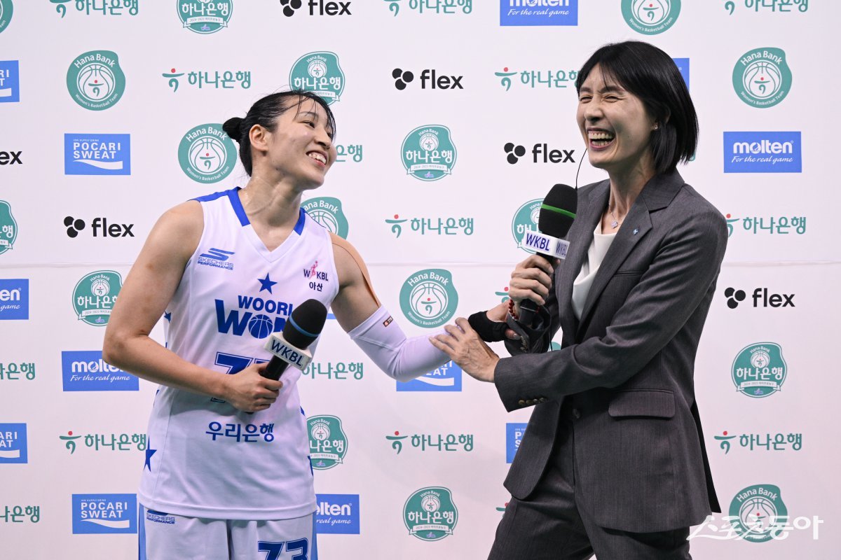전주원 코치(오른쪽)와 모모나. 사진제공｜WKBL
