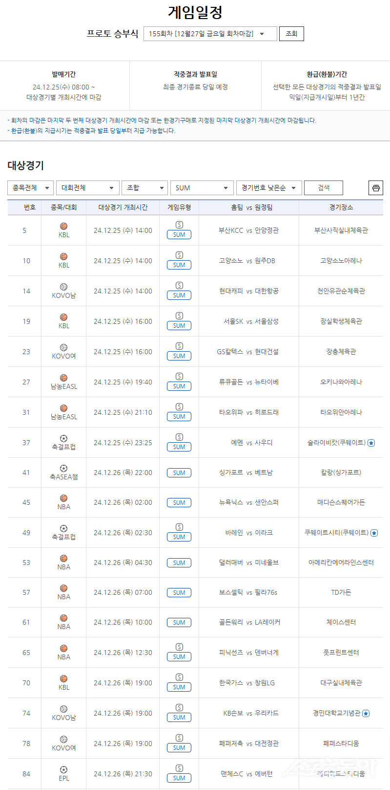 스포츠토토 프로토 승부식 155회차 SUM 유형 대상경기