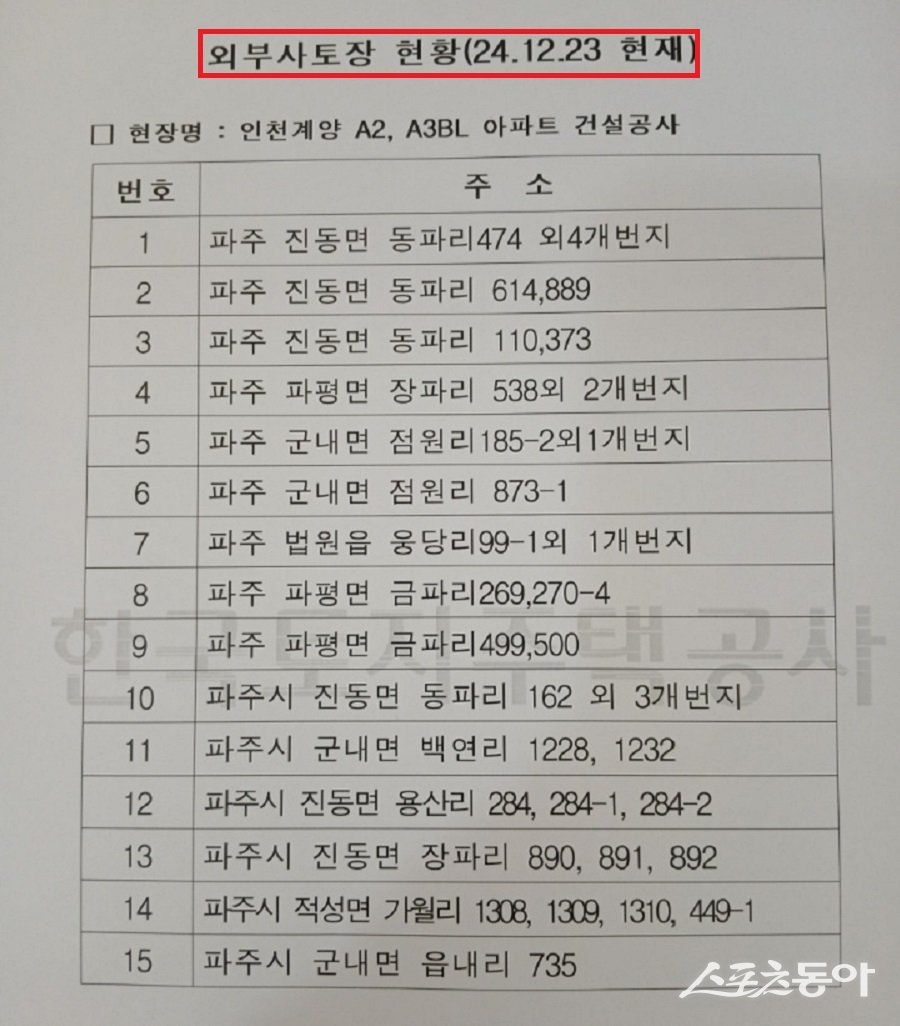 한국토지주택공사(LH)가 발주한 인천 계양 A-2 BL, 3 BL 아파트 건설 현장에서 토사 외부 반출 내역. 사진제공|한국토지주택공사(LH)