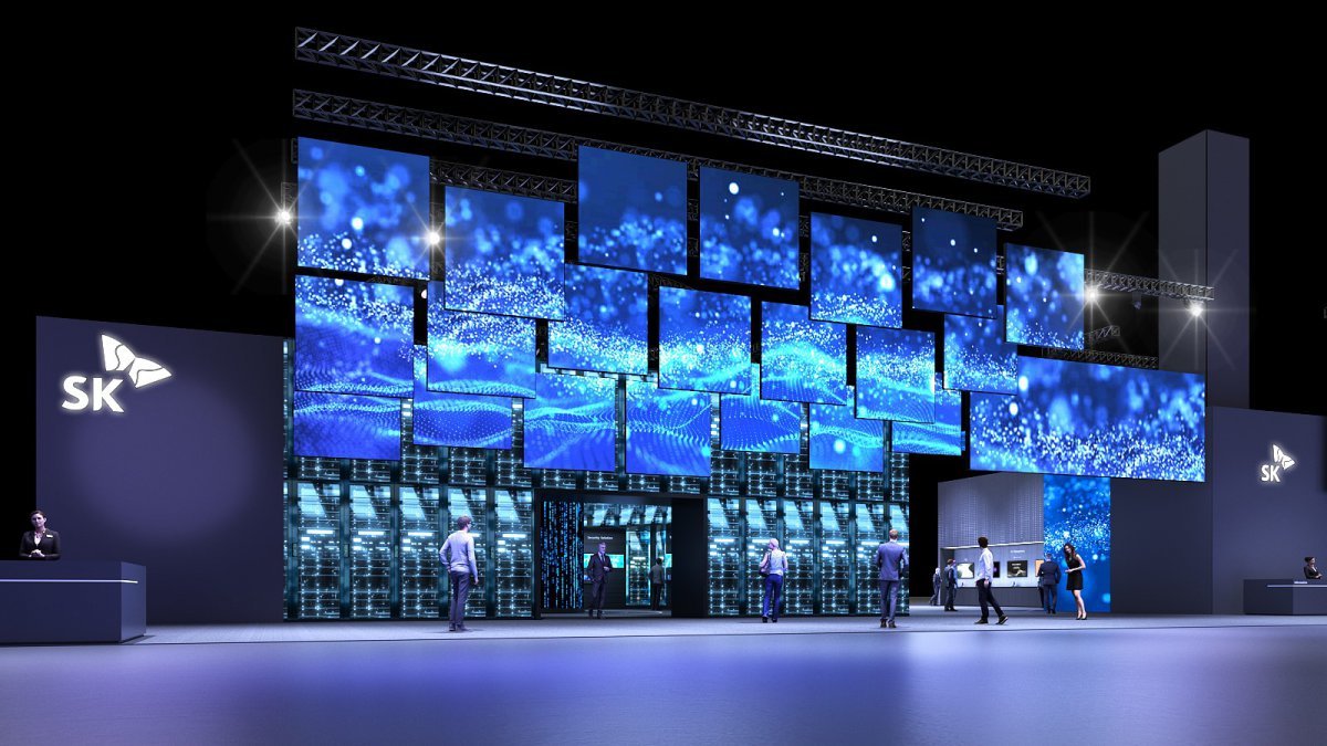 SK그룹은 세계 최대 IT·가전 박람회인 CES 2025에 참가해, AI 혁신 기술을 통한 미래 청사진을 제시하고 글로벌 선도 기업들과의 파트너십 강화에 나선다. SK 전시관의 입구인 ‘혁신의 문’ 조감도. 사진제공｜SK