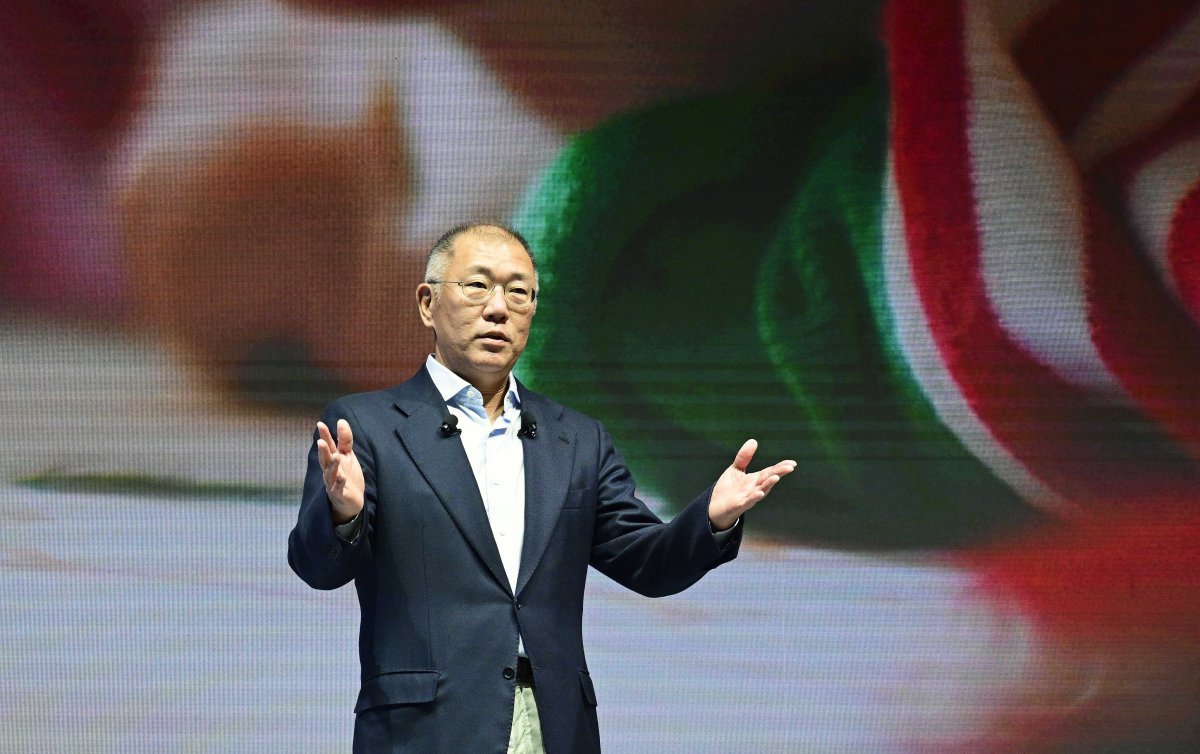 현대차그룹은 9일 올해 국내에 역대 연간 최대 규모의 투자를 단행한다고 밝혔다. 정의선 현대차그룹 회장이 2025년 신년회에서 그룹 임직원들에게 새해메시지를 전하는 모습. 사진제공 |현대차