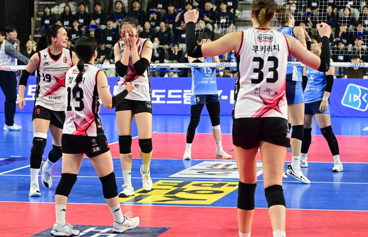 정관장 선수들이 14일 화성체육관에서 열린 IBK기업은행과 원정경기에서 승리한 뒤 기쁨을 나누고 있다. 사진제공|KOVO