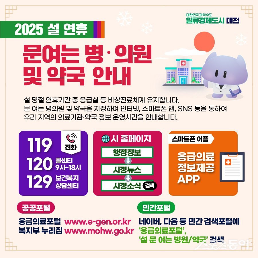 대전시가 설 연휴 기간 동안 시민들의 건강과 안전을 위해 빈틈없는 비상진료 체계를 가동한다(카드뉴스). 사진제공|대전시청