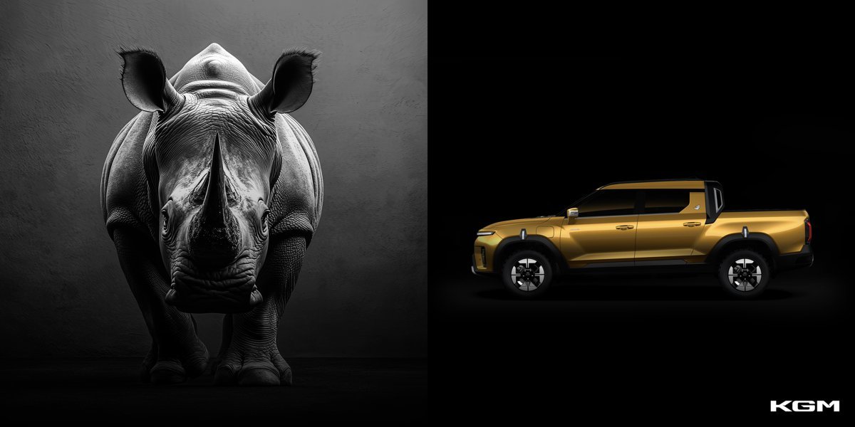 KG 모빌리티(이하 KGM)가 픽업 트럭의 정통성을 계승한 통합 브랜드 ‘무쏘(MUSSO)’를 공식 출범했다. 무쏘 브랜드 이미지(왼쪽)와 무쏘 EV. 사진제공 ｜KGM