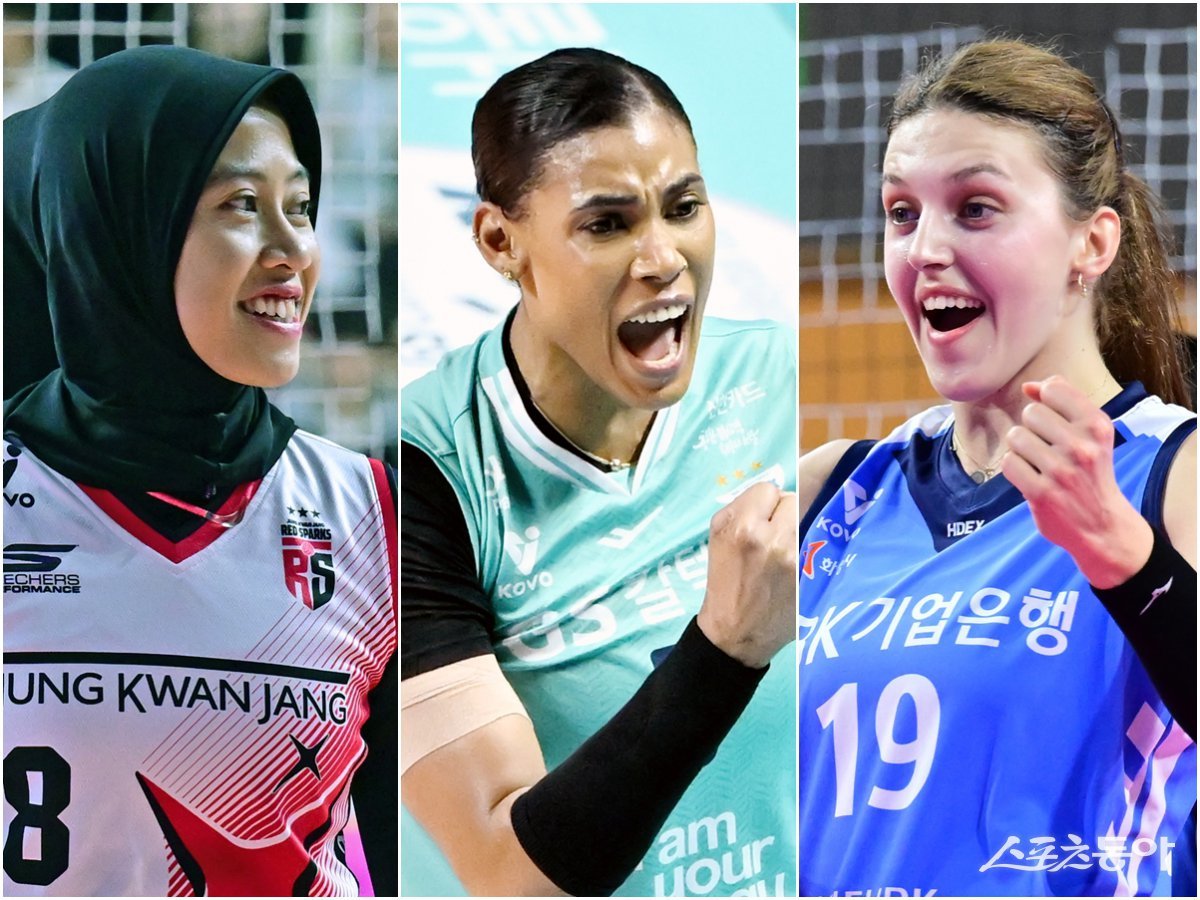 V리그 여자부 득점왕을 다투는 정관장 메가, GS칼텍스 실바, IBK기업은행 빅토리아(왼쪽부터). 스포츠동아DB·KOVO 제공