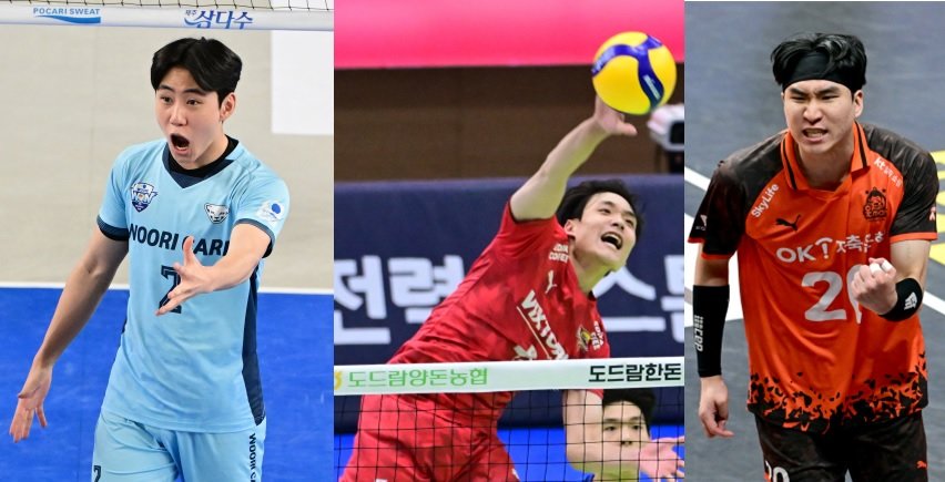 V리그 남자부 영플레이어상 수상자로 우리카드 한태준이 유력하나, 공격수인 한국전력 구교혁과 OK저축은행 신호진(왼쪽부터)의 수상 가능성도 열려있다. 사진제공｜KOVO