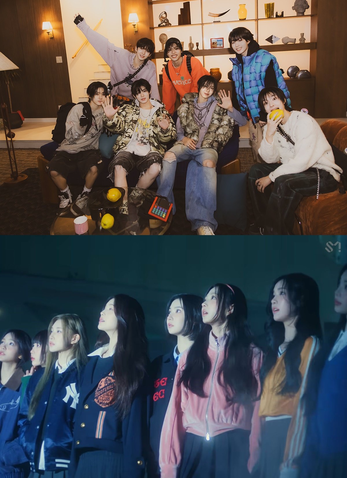 JYP엔터테인먼트 소속 킥플립과 SM엔터테인먼트의 하츠투하츠(위부터)가 올해 케이(K)팝 무대에서 펼쳐지는 ‘신인 대전’의 포문을 화려하게 열었다. 사진제공|JYP엔터테인먼트·SM엔터테인먼트